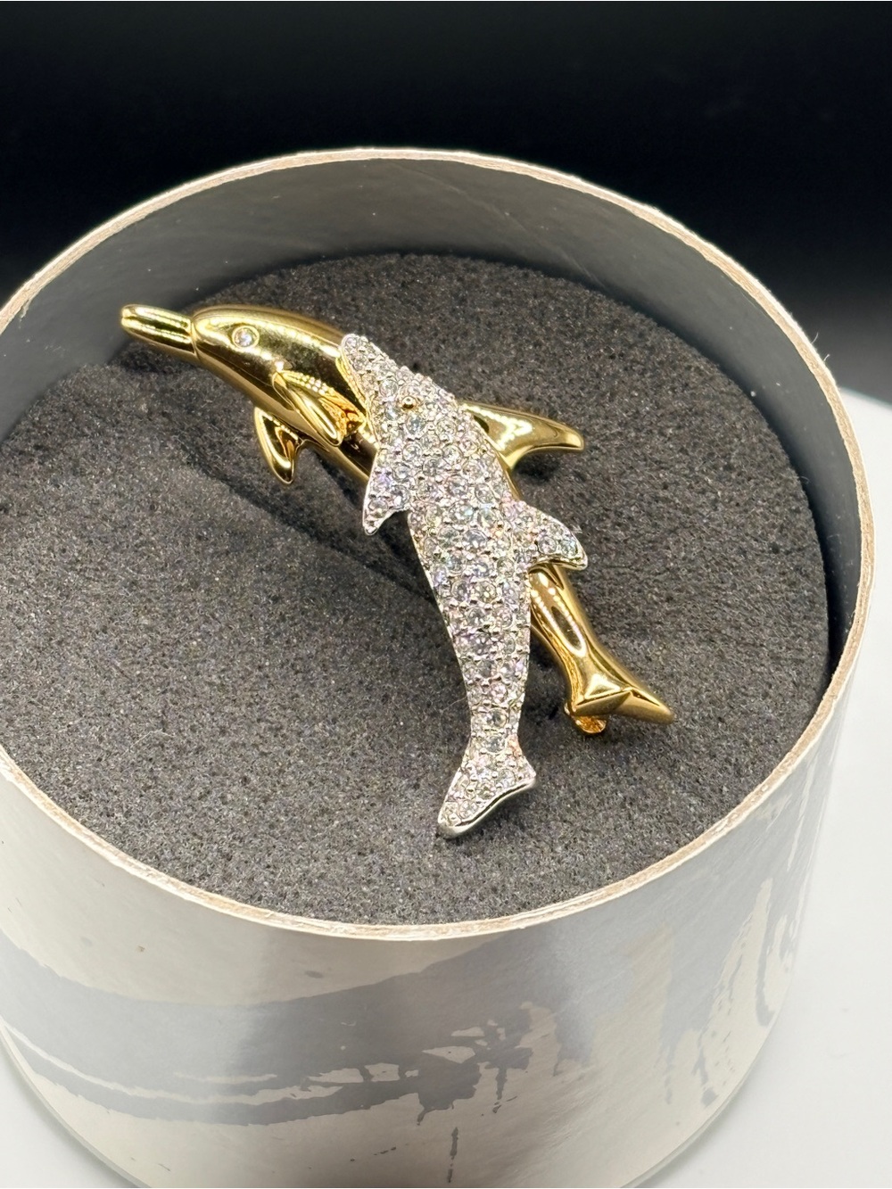 Swarovski Gold & Silver Dolphin Brooch with Clear Crystals